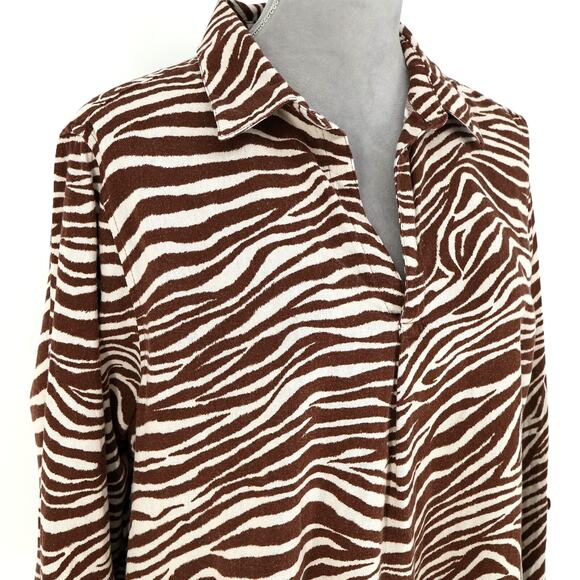 Jones NY Top Plus Size 1X Linen Blend Ivory Brown Animal Print Blouse Henley - Picture 6 of 13